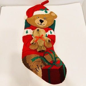 Crystal Snow completed Needlepoint Christmas Stocking Vtg holiday Teddy bear